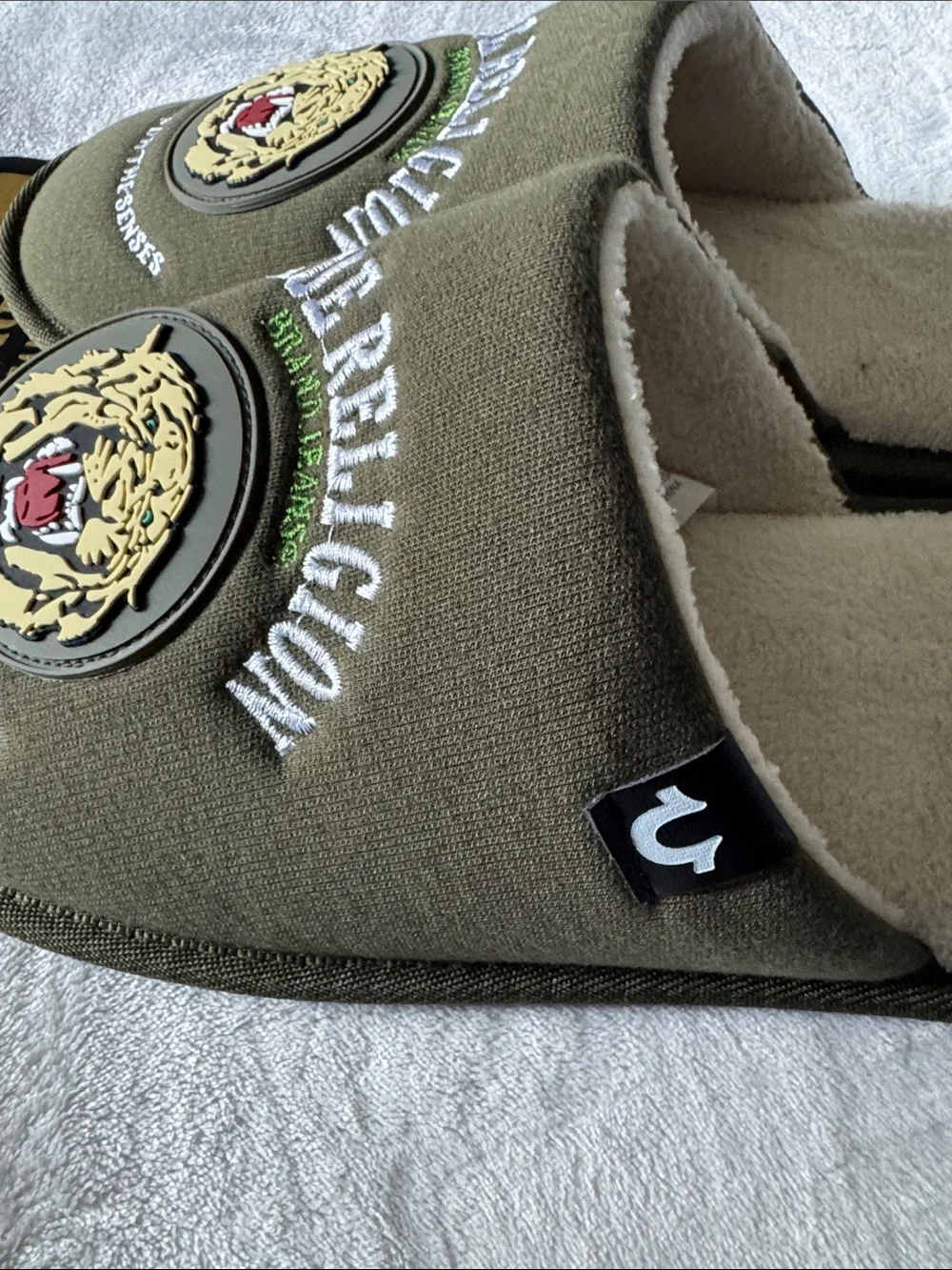 True Religion Olive Green and Cream Tiger Logo Indoor Slippers